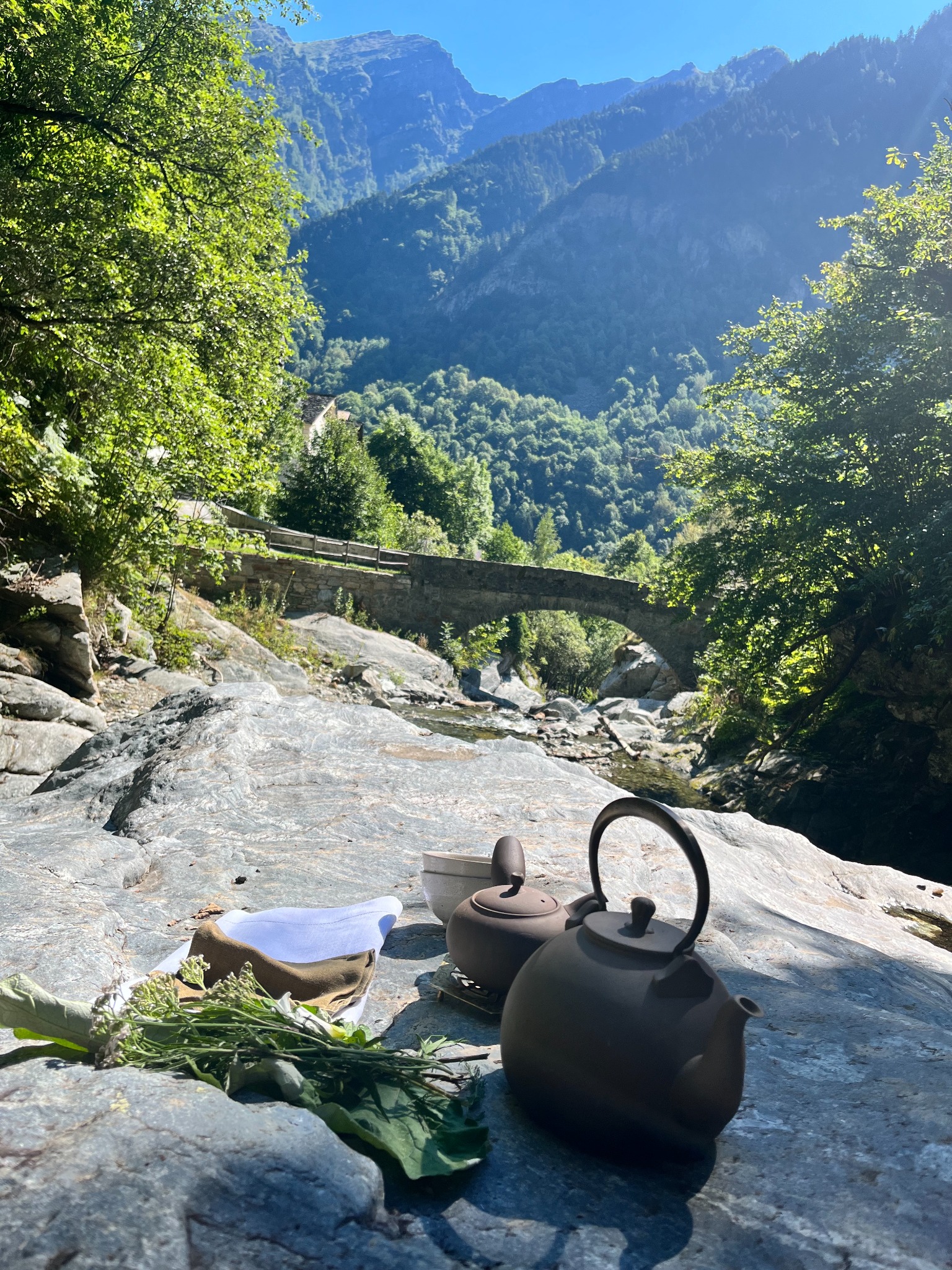 Tea prepared beside a mountain river